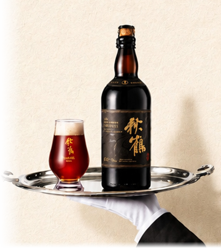 侍酒托盘上的秋鹤与酒杯